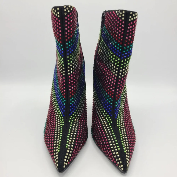 JustFab Black Rainbow Rhinestone Embellished Pointed Toe Stiletto Boots 8 - Picture 4 of 16